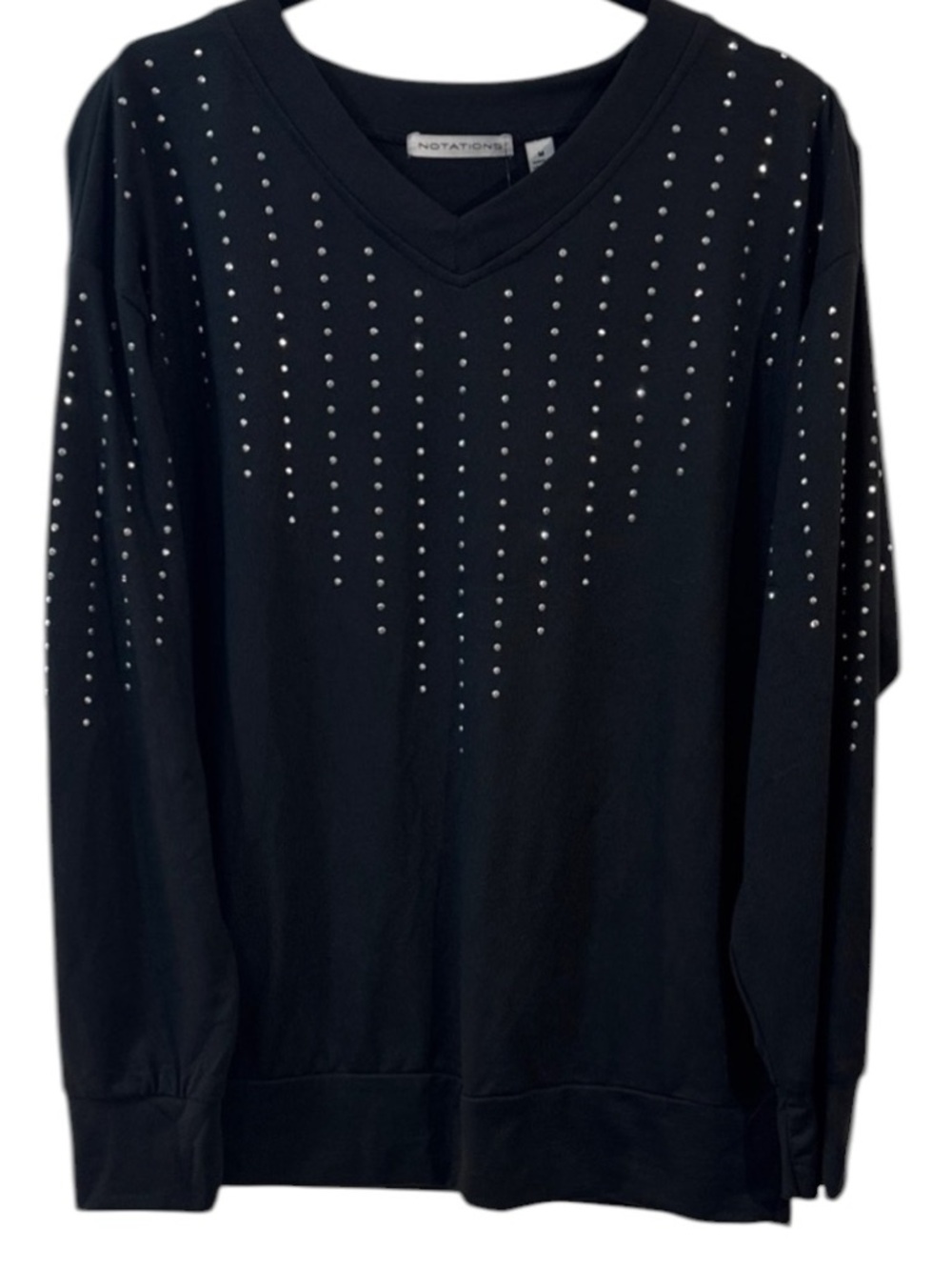 Notations Women’s Black V-Neck Studded Pullover Sweater Top Size M